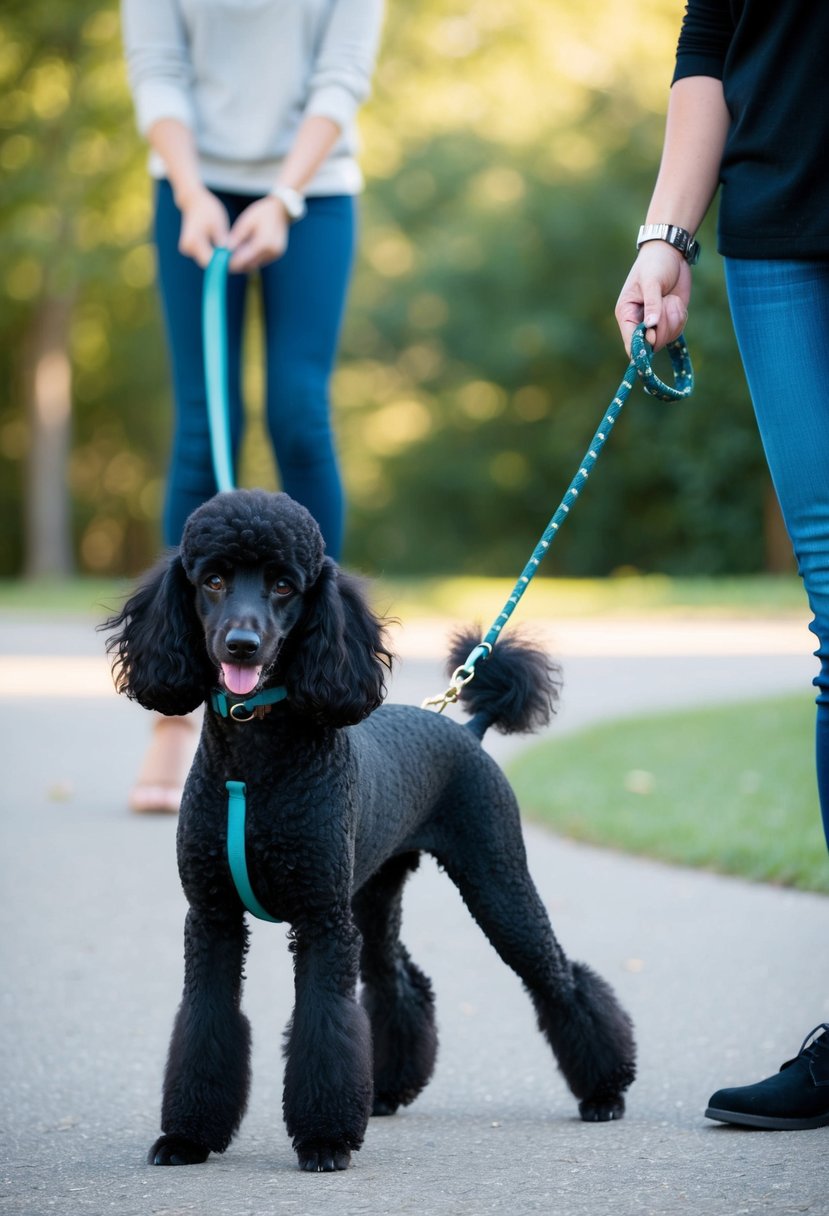 A person holding a leash, standing in front of a black poodle with a wagging tail. The poodle has a shiny coat and a friendly expression