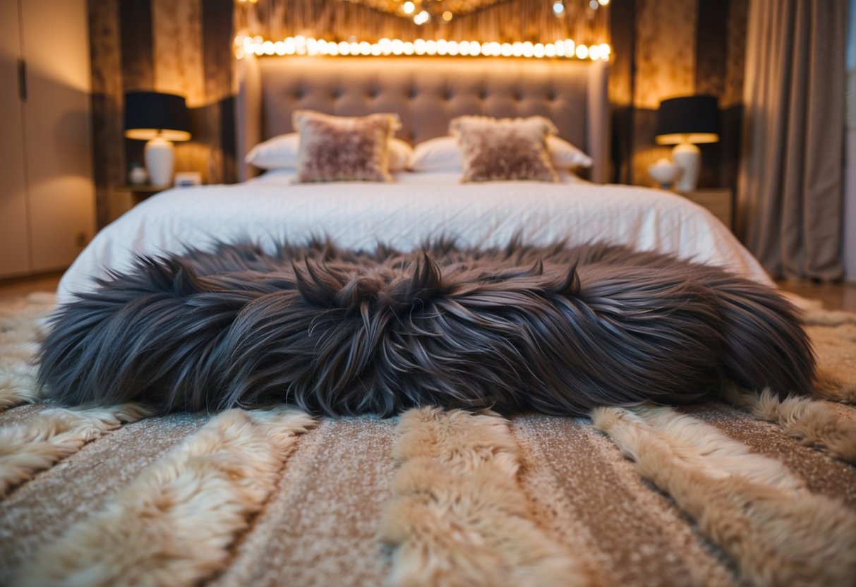 A faux fur rug lies in the center of a cozy bedroom, surrounded by warm lighting and soft, inviting textures