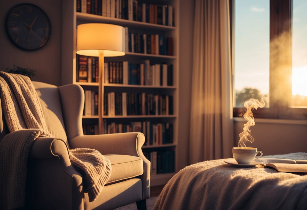 A warm, sunlit bedroom with a plush armchair, soft throw blankets, and a glowing reading lamp. A bookshelf filled with novels and a steaming cup of tea complete the cozy scene