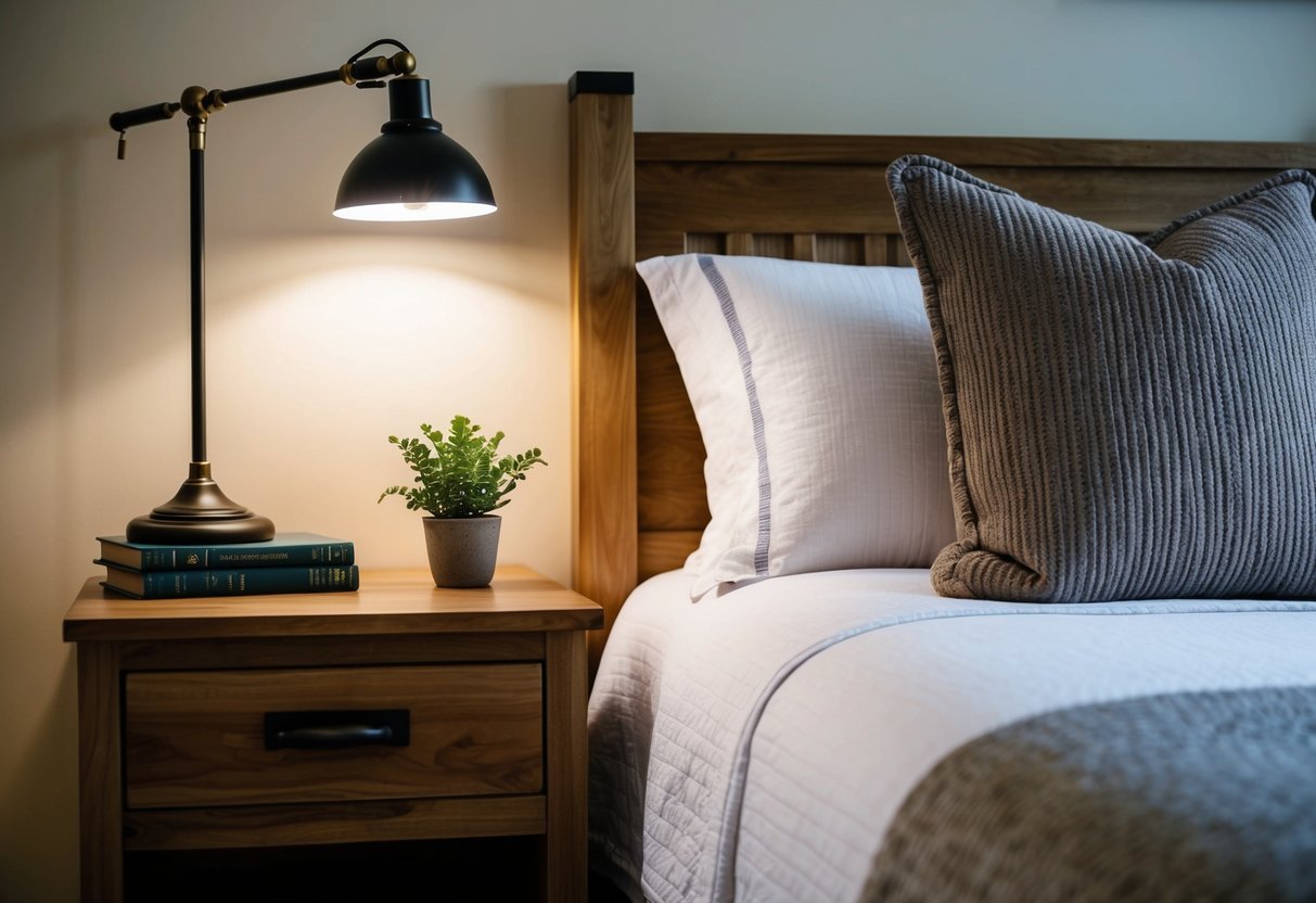 A wooden nightstand with a lamp, books, and a small plant sits next to a cozy bed in a softly lit bedroom