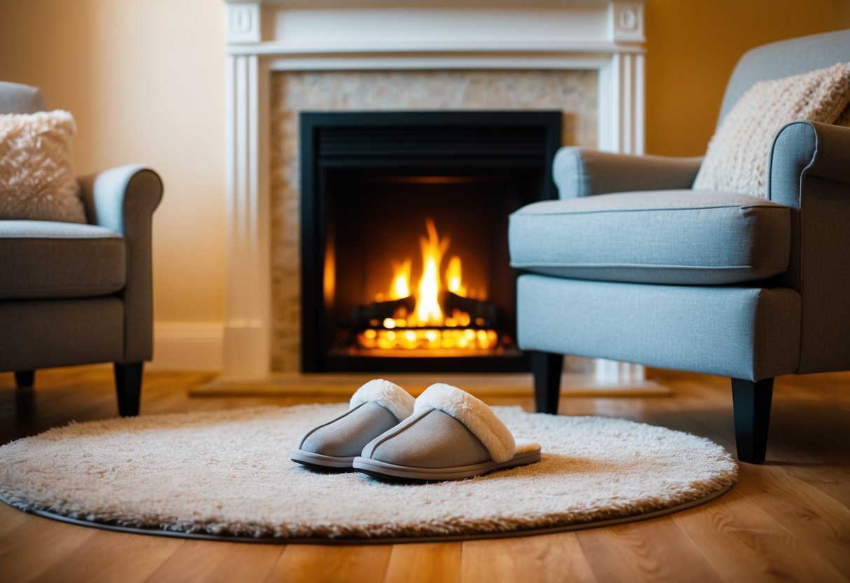 A pair of plush slippers sit on a soft rug next to a cozy armchair in a warmly lit bedroom with a crackling fireplace