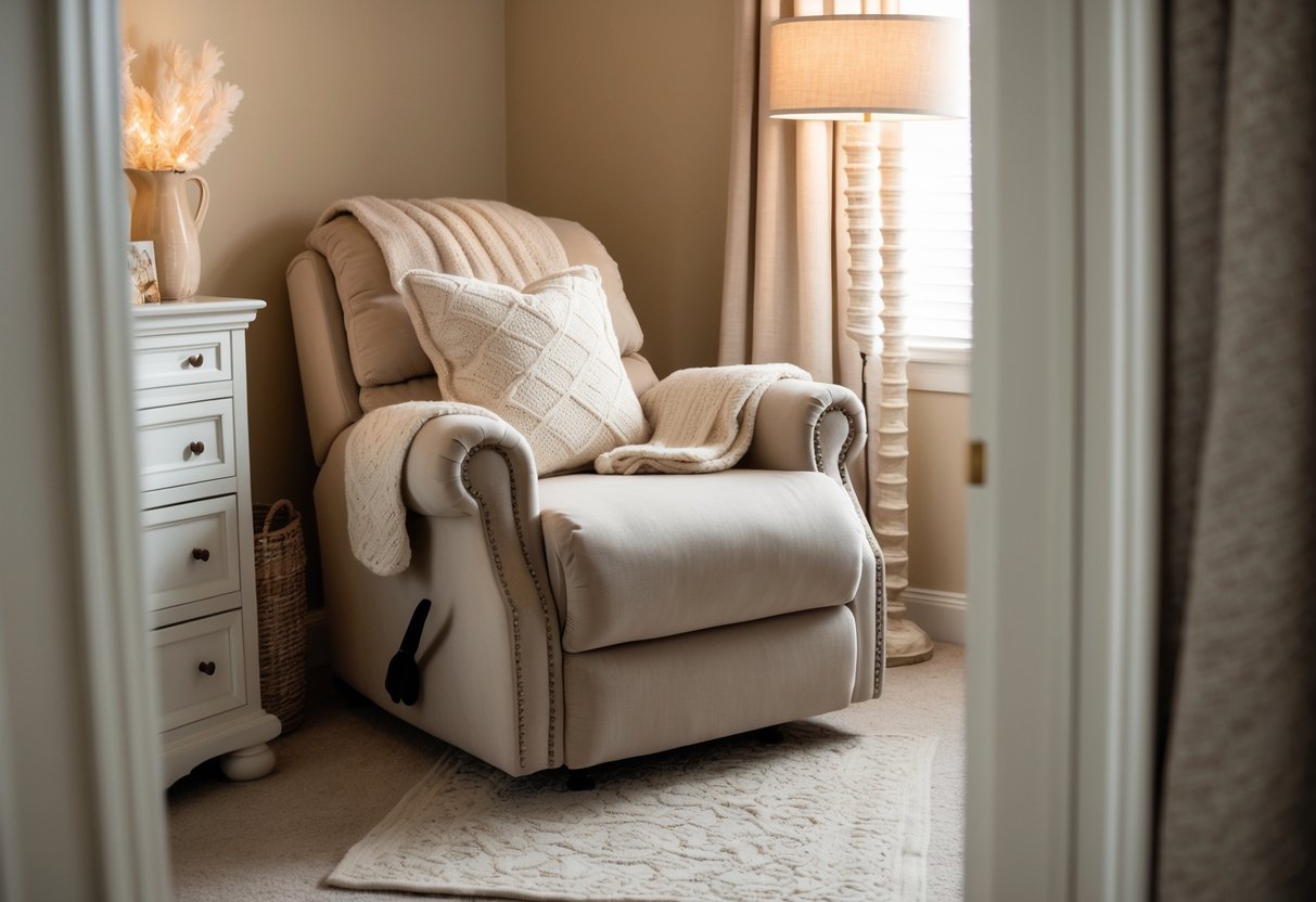 A plush, beige recliner chair sits in the corner of a cozy bedroom, surrounded by soft, neutral-toned blankets and pillows. A warm, inviting atmosphere is created by the soft lighting and decorative accents