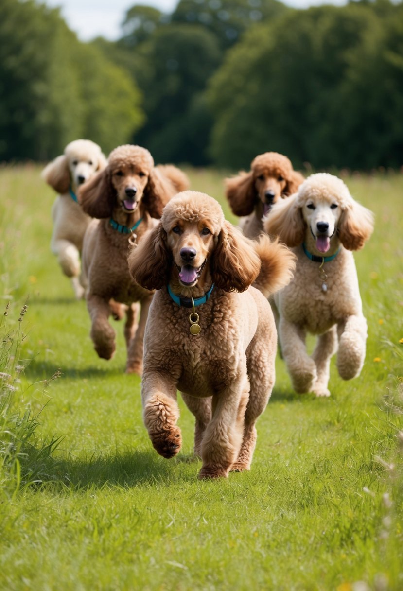 A pack of giant royal standard poodles running through a lush, green meadow with their long, curly coats flowing in the wind