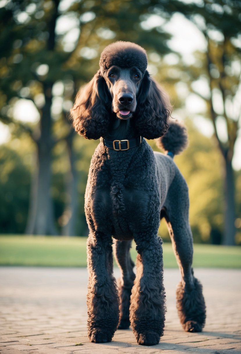 A majestic Royal Standard Poodle stands tall, with a proud and regal demeanor. Its fur is thick and curly, flowing gracefully around its muscular frame. The poodle's intelligent eyes exude confidence and nobility