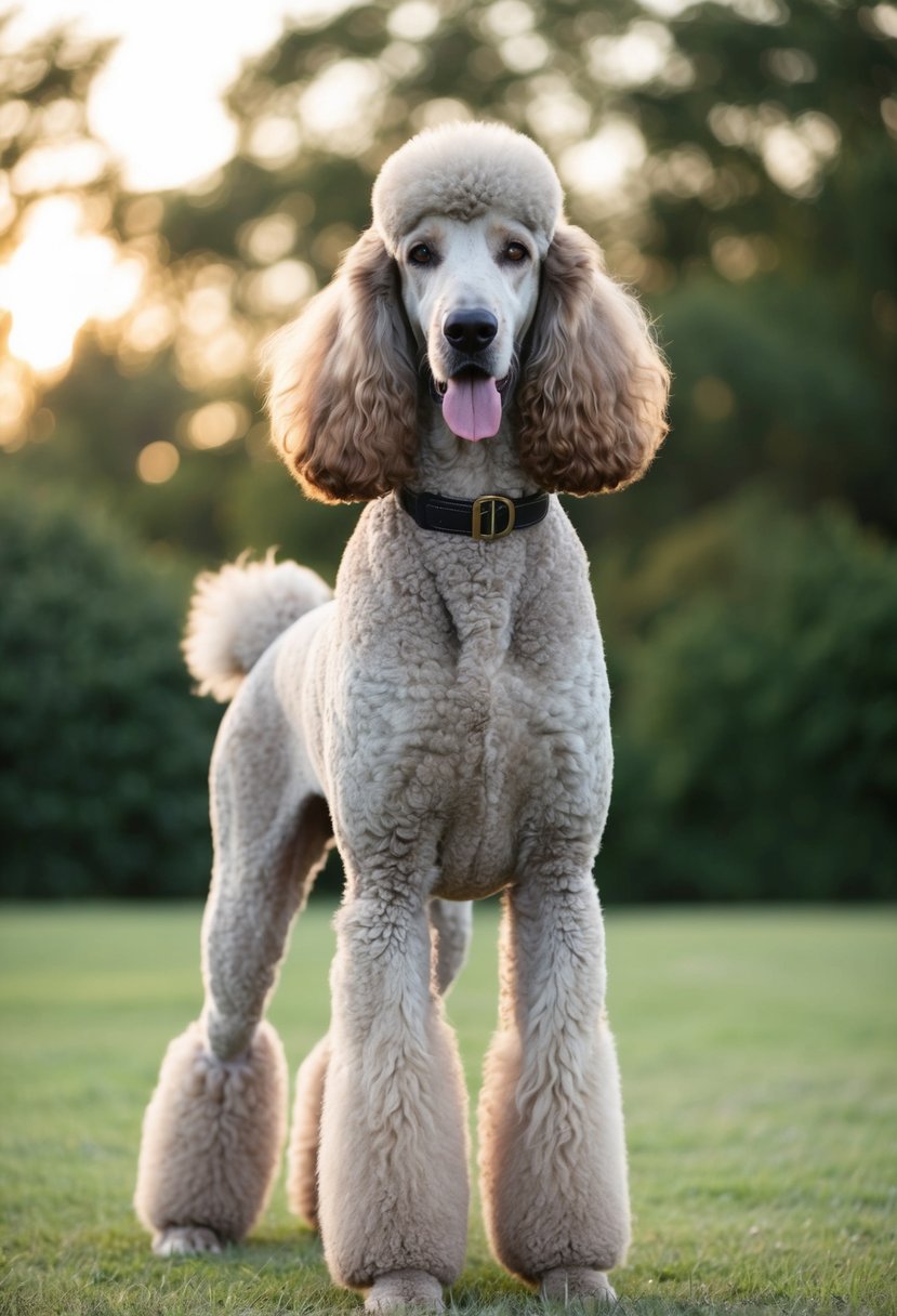 A giant royal standard poodle stands proudly with a regal posture, its luxurious coat flowing in the wind as it exudes an air of elegance and grace