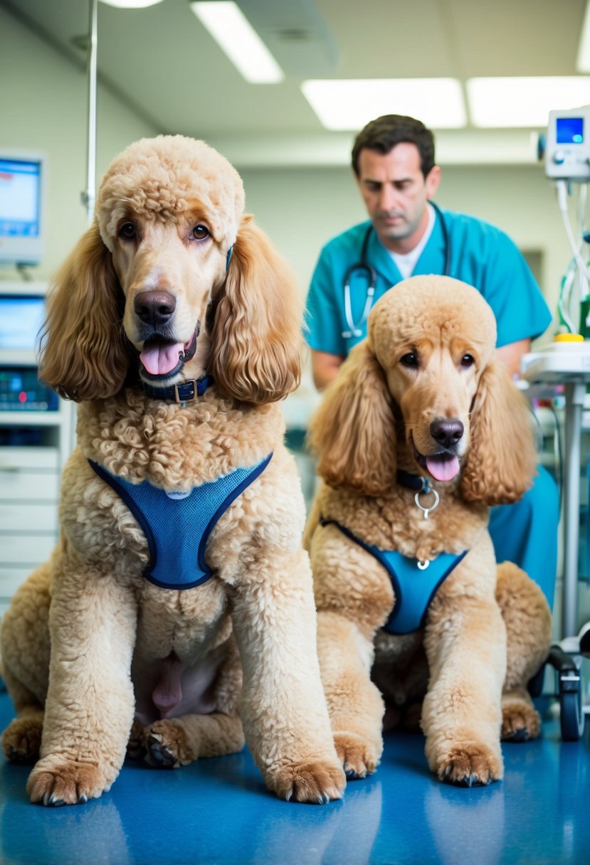 Giant royal standard poodles with health issues, sitting or lying down, surrounded by medical equipment and a concerned veterinarian