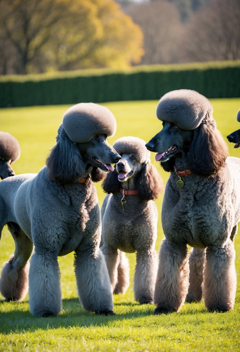 A group of giant royal standard poodles stand in a grassy field, their sleek coats shining in the sunlight. They playfully interact with each other, showcasing their impressive size and regal presence