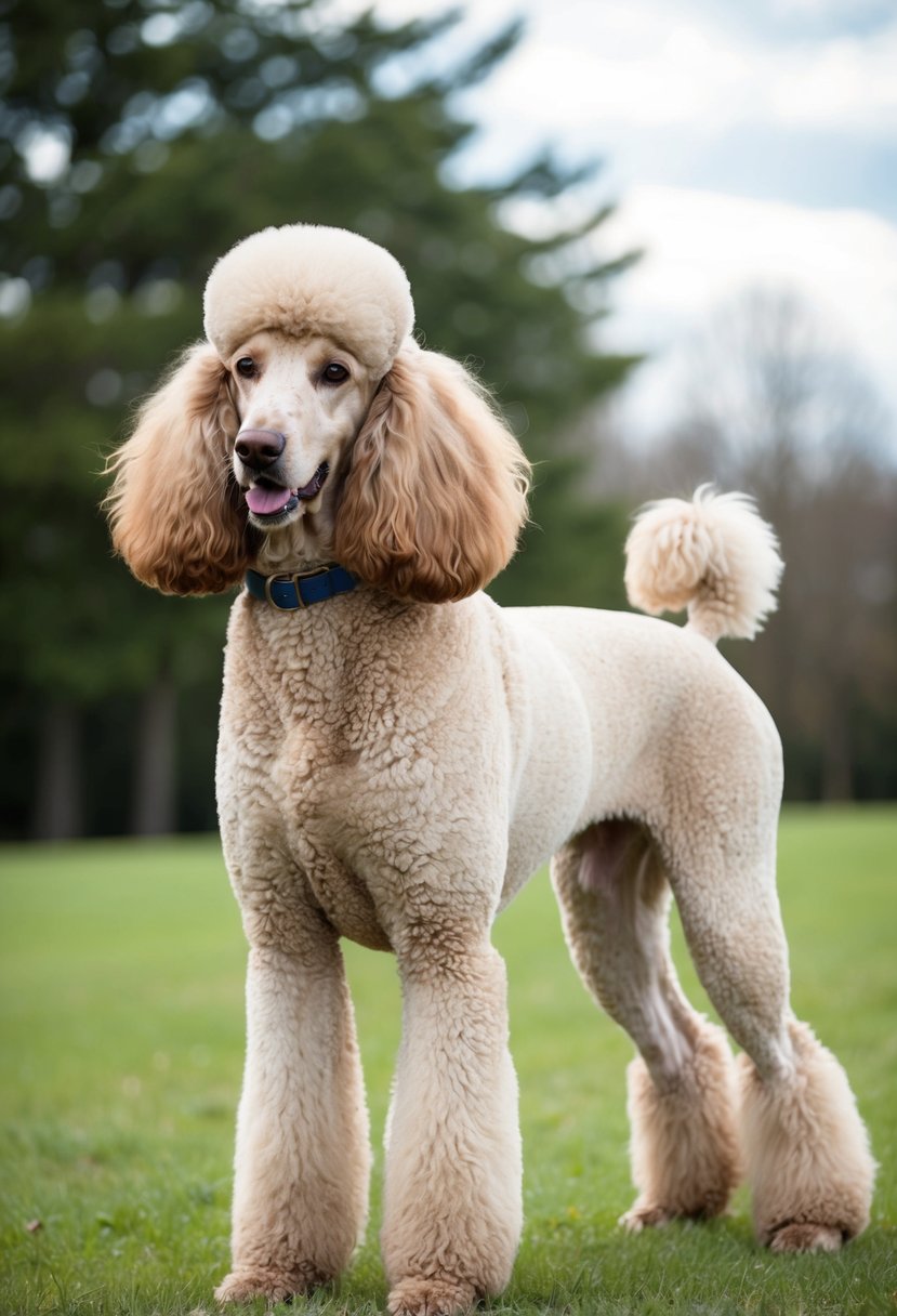 A giant royal standard poodle standing proudly with a regal posture, its luxurious coat flowing in the wind, exuding elegance and grace