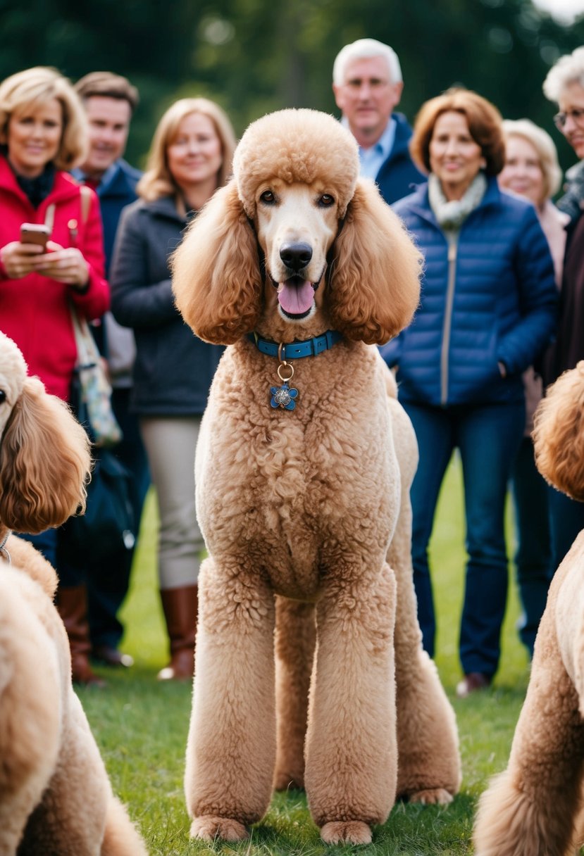 A group of giant royal standard poodles surrounded by curious onlookers, with one poodle standing tall and proud as the center of attention