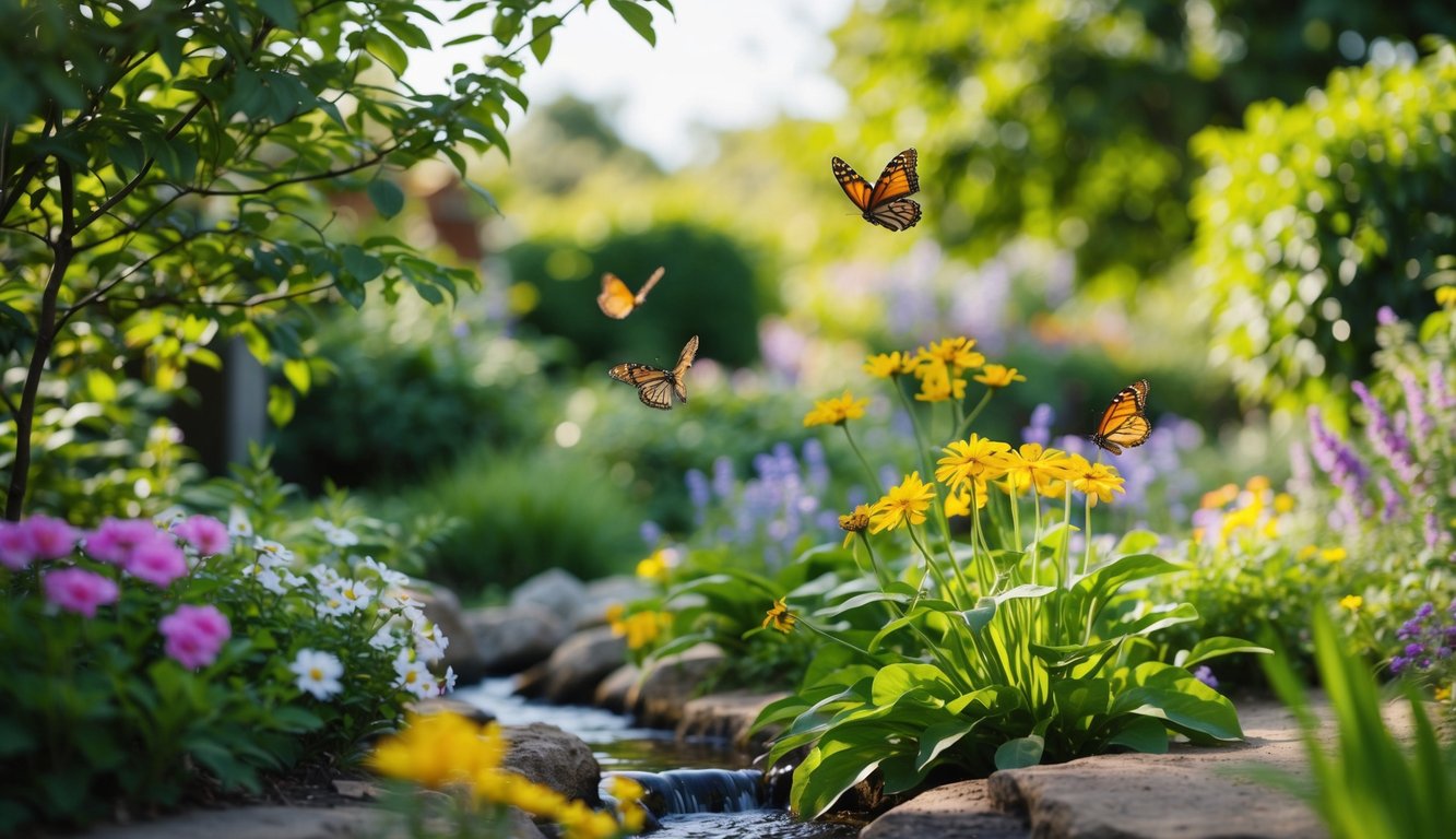 A serene garden with blooming flowers and fluttering butterflies. A small stream flows through the scene, with a gentle breeze rustling the leaves of the surrounding trees