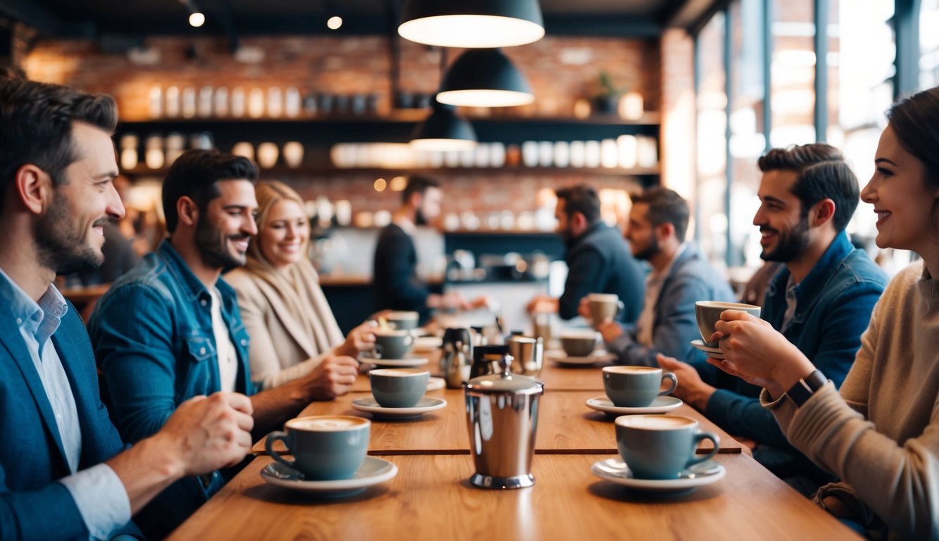 A cozy coffee shop with a warm, inviting atmosphere. The aroma of freshly brewed coffee fills the air as customers chat and relax in comfortable seating