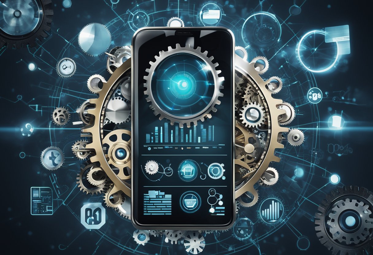 A smartphone with a magnifying glass hovering over it, surrounded by various technical and mobile SEO elements like gears, graphs, and code snippets