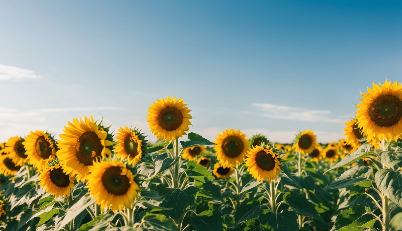 A vibrant field of blooming sunflowers under a clear blue sky, with a gentle breeze causing the flowers to sway gracefully