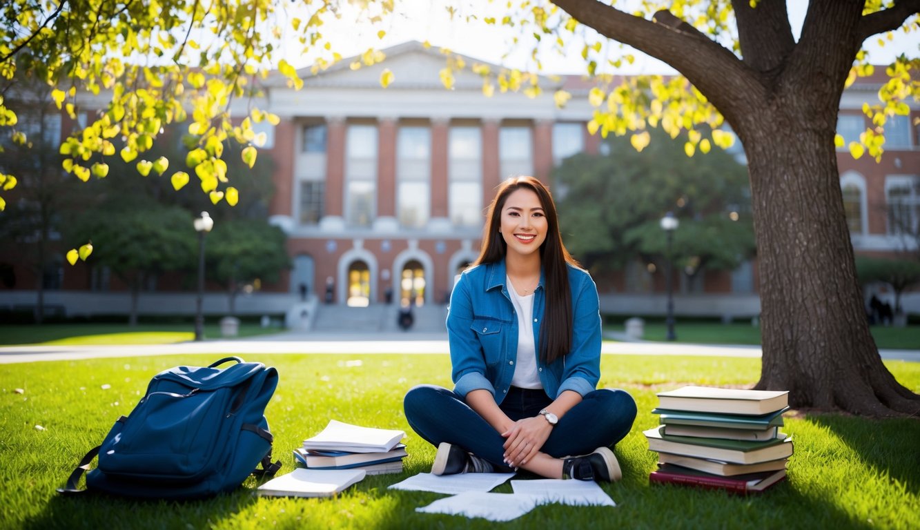 A female student sits under a tree on the UCLA campus, surrounded by books and papers. The sun shines through the leaves, casting dappled shadows on the ground