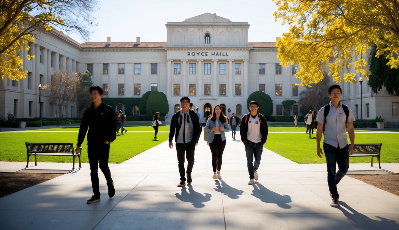 A sunny day on the UCLA campus, with the iconic Royce Hall in the background and students walking between buildings