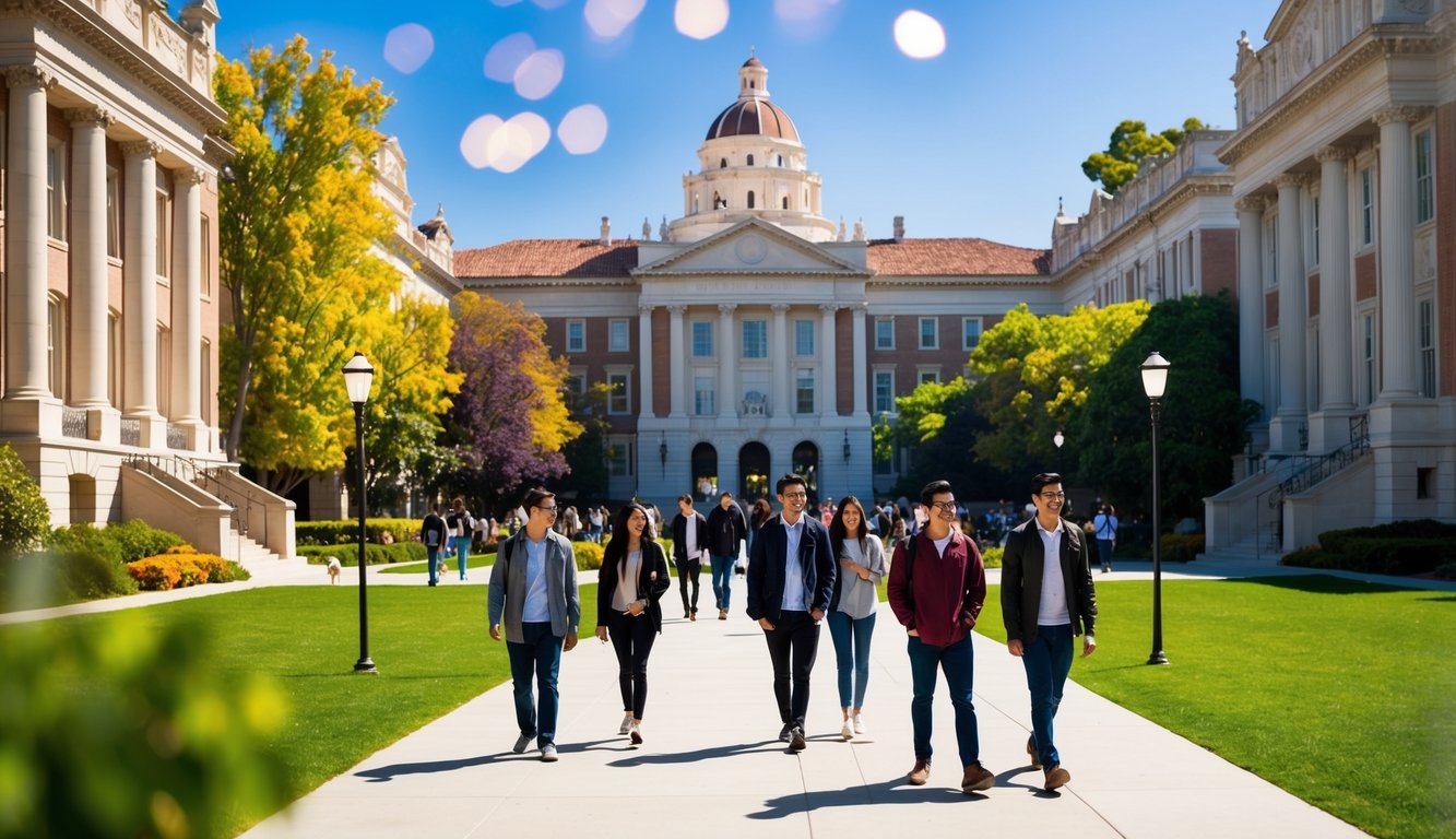 A sunny day on the UCLA campus, with students walking between historic buildings and vibrant greenery