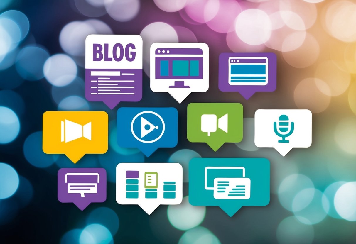 A colorful array of content types, including blog posts, infographics, videos, and podcasts, each represented by a unique visual symbol or icon