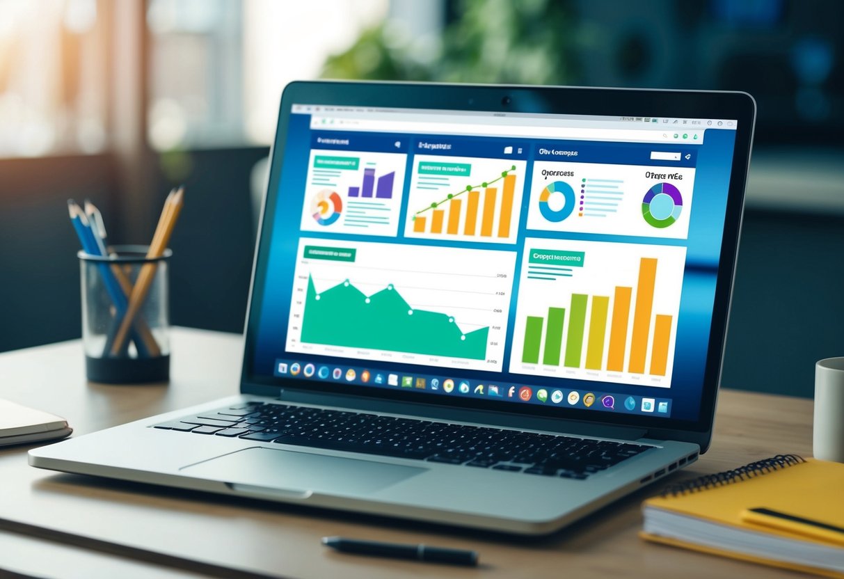 A laptop with multiple tabs open to different types of content, a graph showing increasing organic traffic, and a brainstorming notebook