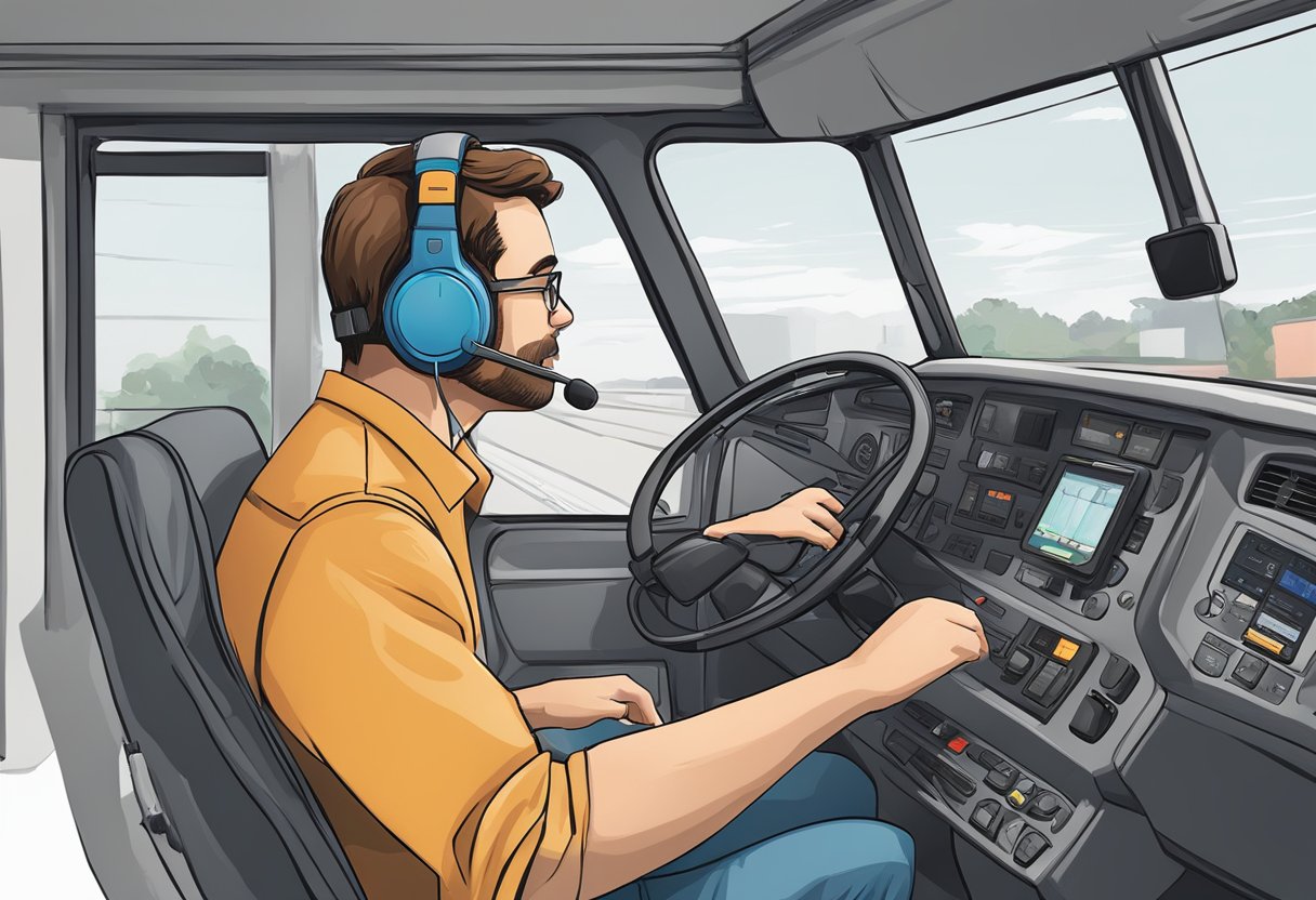 A trucker headset with noise cancellation technology in use