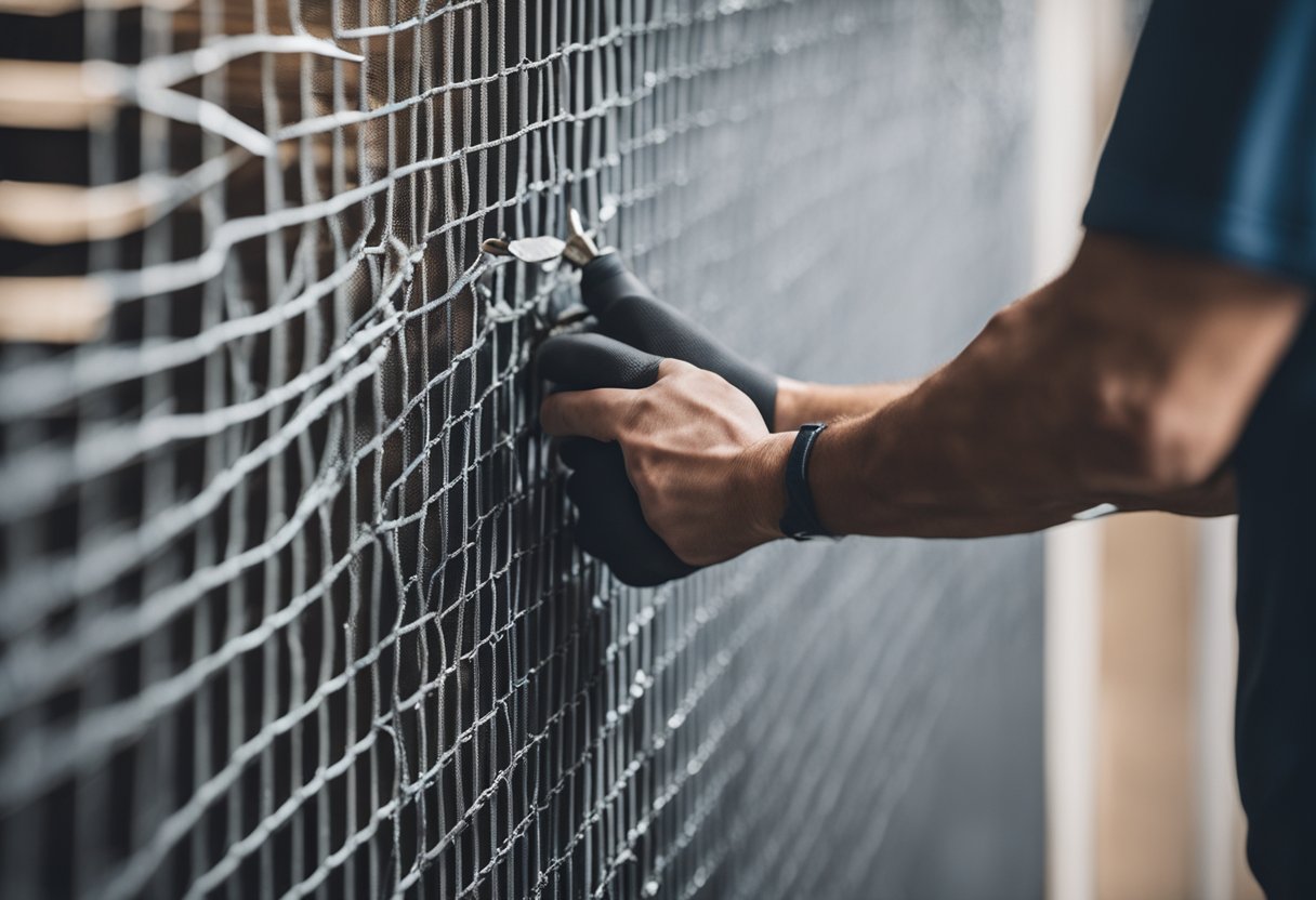 A person sealing cracks and installing mesh over vents in a basement to prevent pests