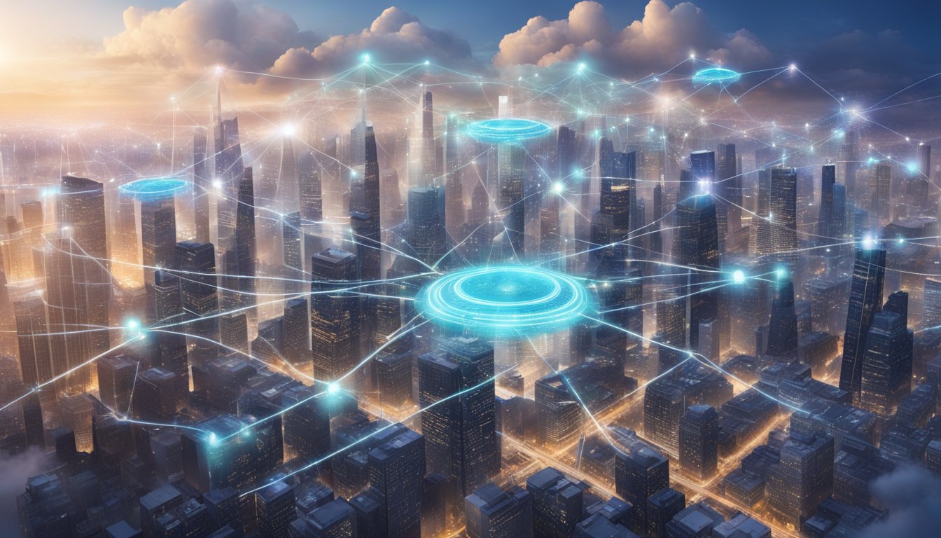 A network of interconnected clouds hovers above a city skyline, with data flowing between them and a central hub representing edge AI technology