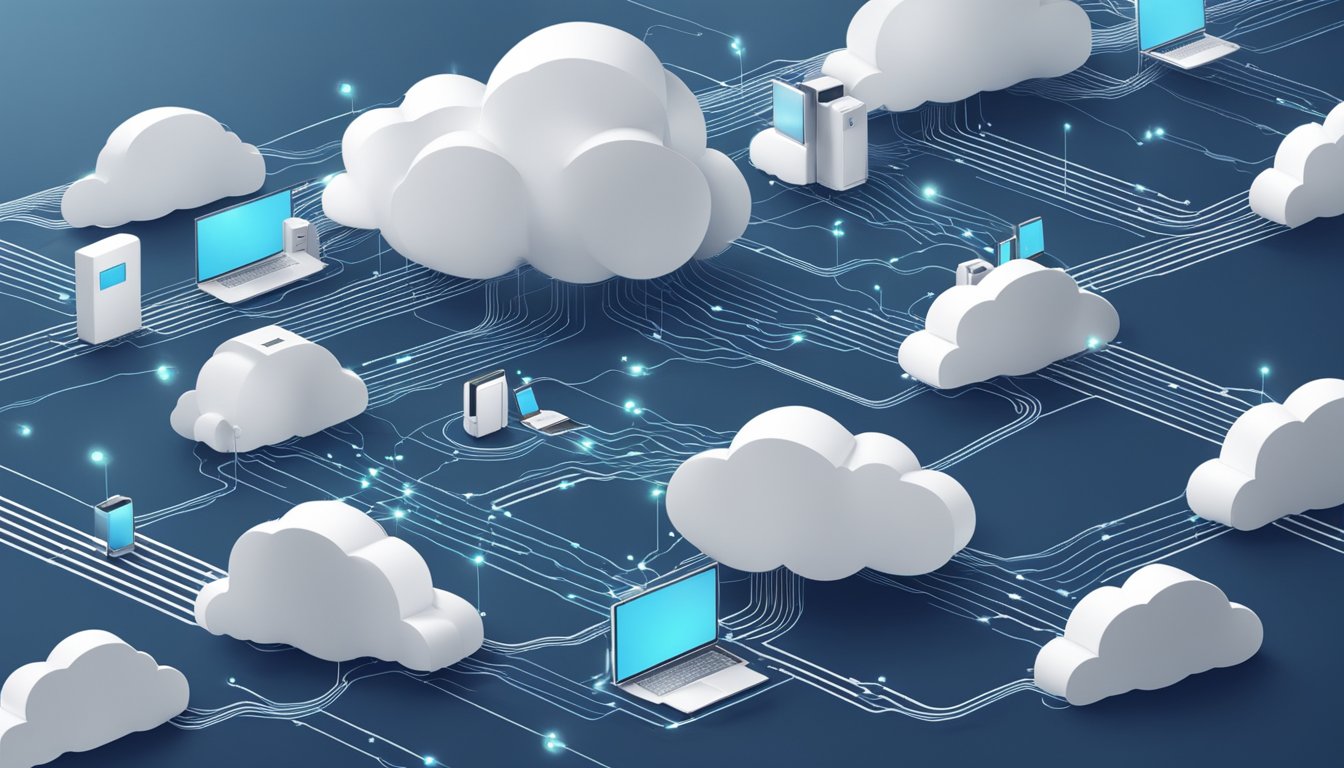 A network of interconnected devices processes data, with clouds hovering above. Edge AI devices are scattered throughout the scene, playing a key role in cloud computing