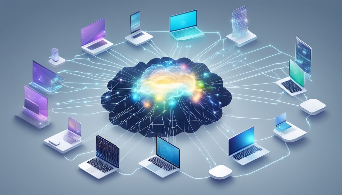 A network of interconnected devices forms a cloud, with data flowing from the edge to the center, symbolizing the emergence of edge AI in cloud computing