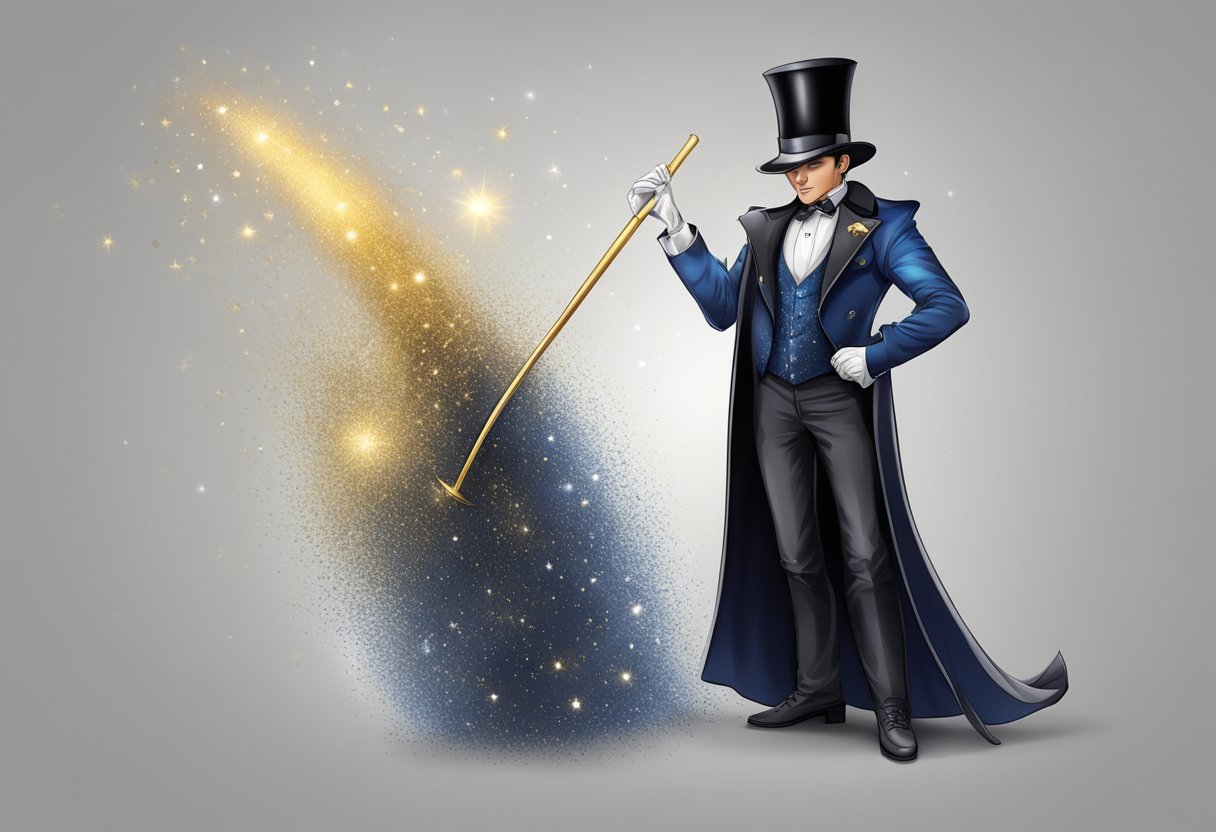 A magician's costume with a top hat, cape, wand, and sparkles