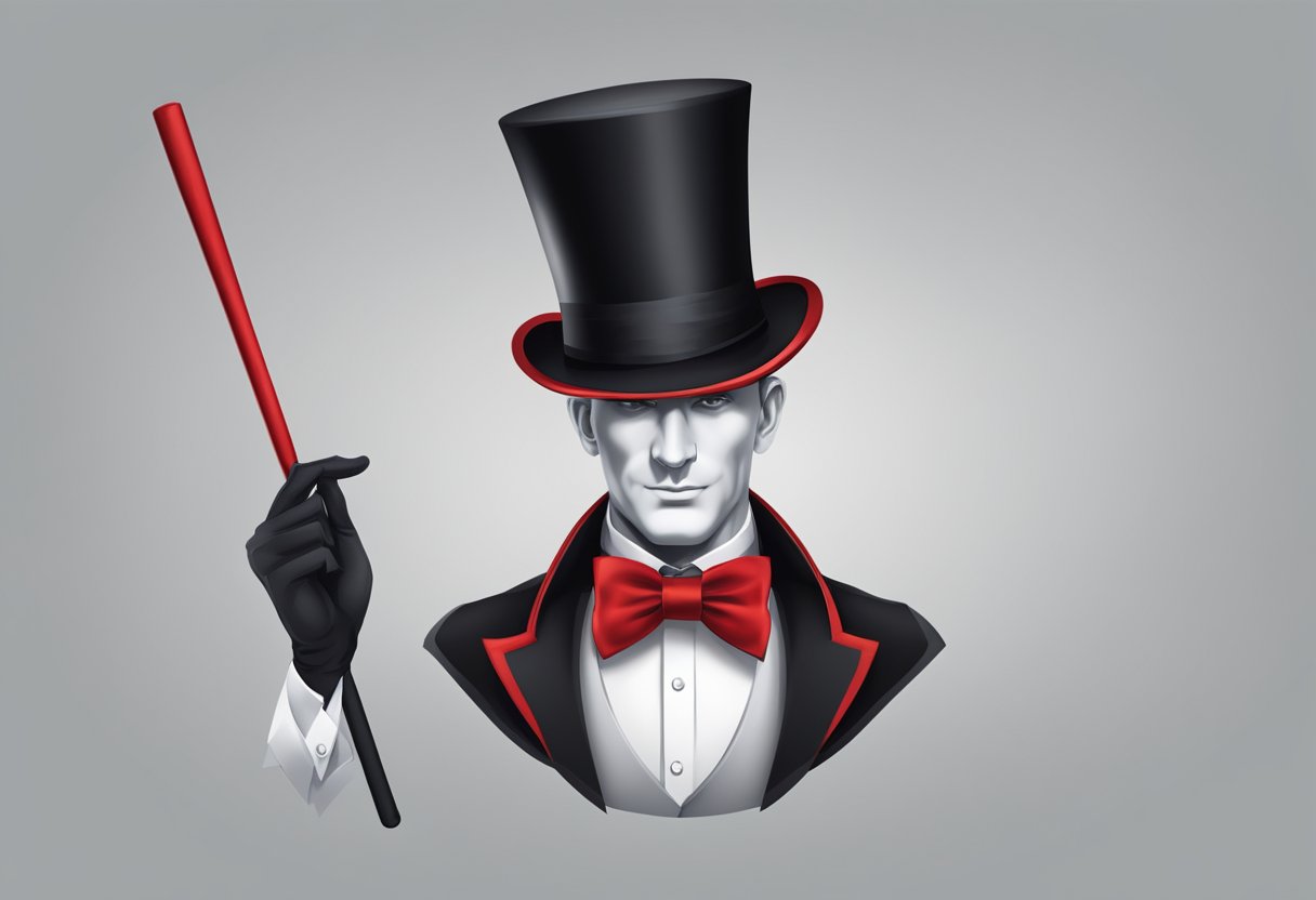 A classic magician costume with a black top hat, a red bow tie, a black cape, and a magic wand