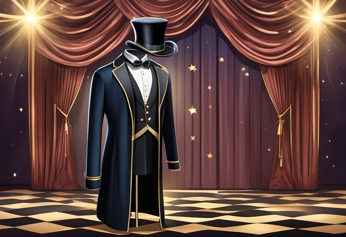 A magician costume displayed on a mannequin, with a top hat, cape, wand, and gloves, set against a backdrop of stage curtains and twinkling stars