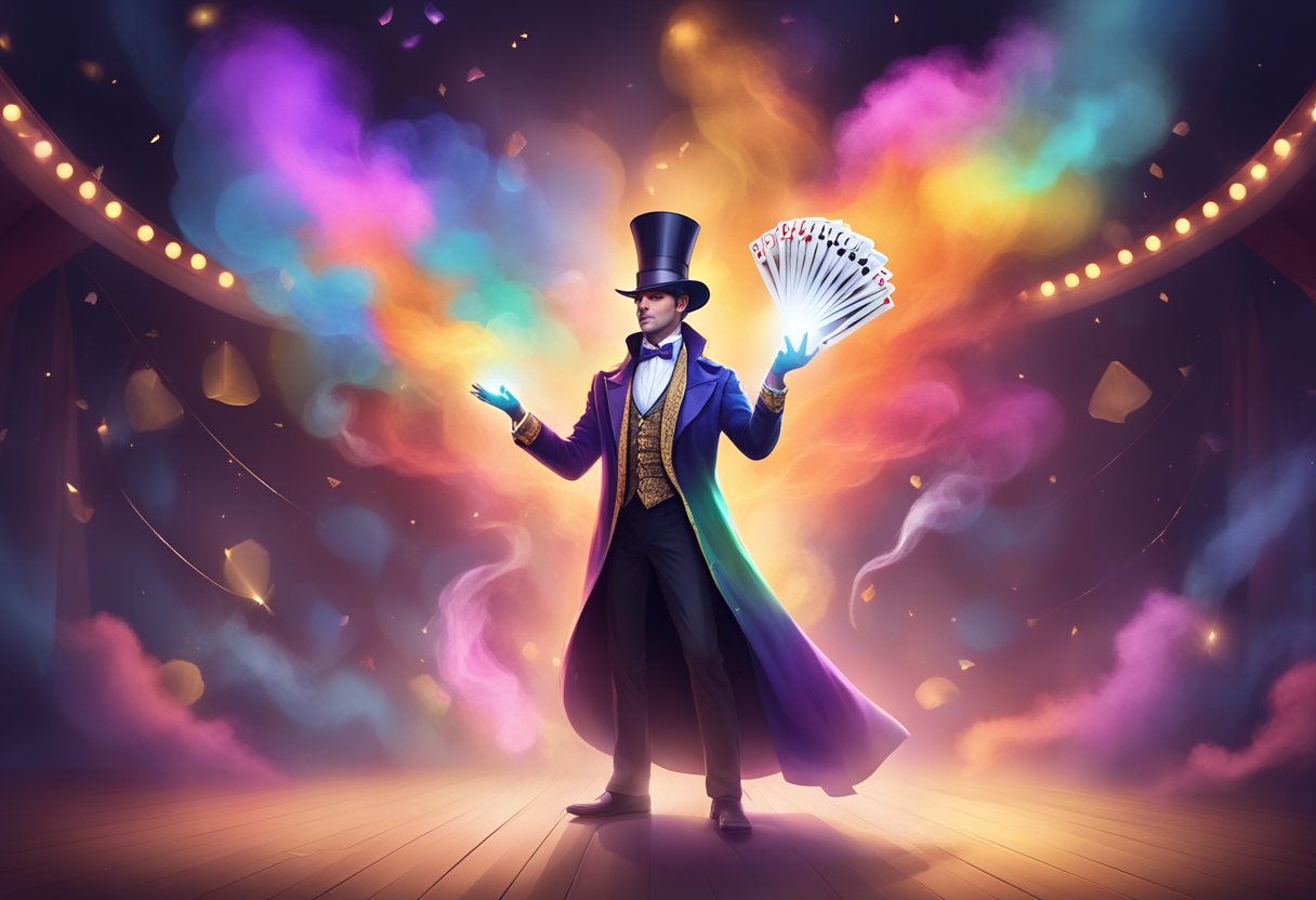 A figure in a magician costume stands on stage, surrounded by swirling smoke and colorful lights, with a deck of cards floating in the air