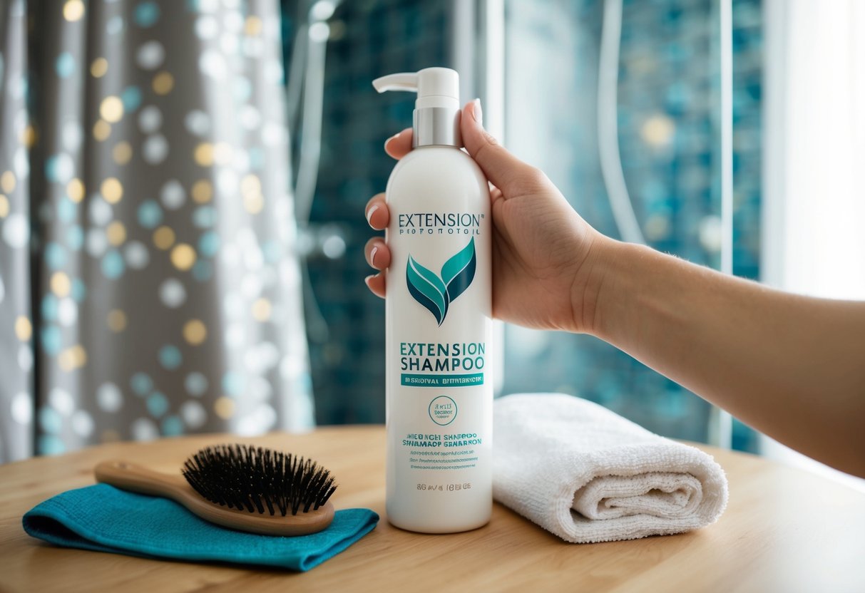 A hand holding a bottle of extension-safe shampoo next to a shower, with a towel and a hairbrush nearby