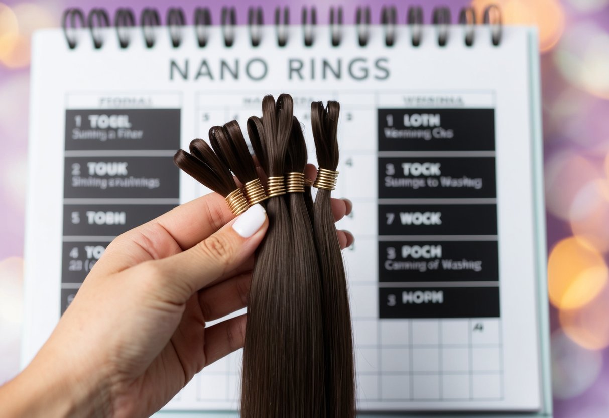 A hand holding a strand of nano rings hair extensions, surrounded by a calendar with various dates marked for washing