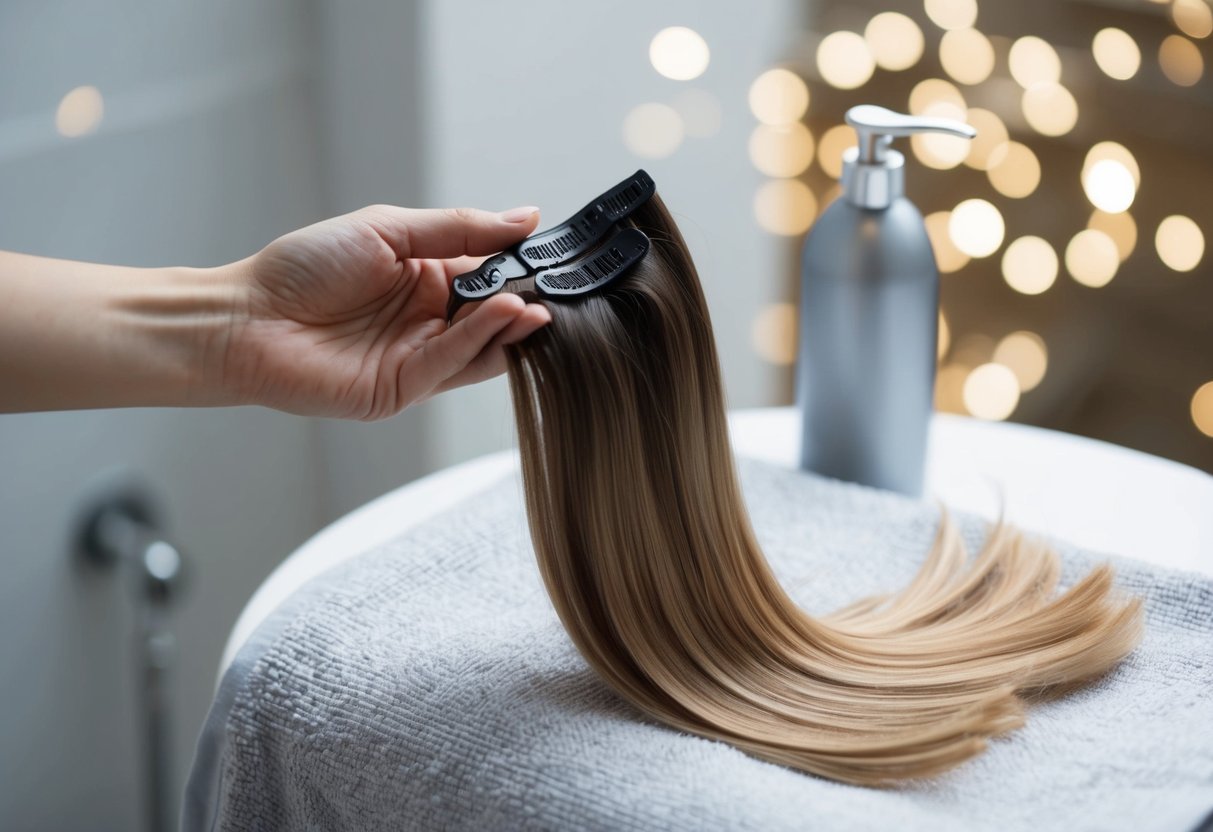 A hand holding a clip-in hair extension, gently washing and then air-drying it on a towel