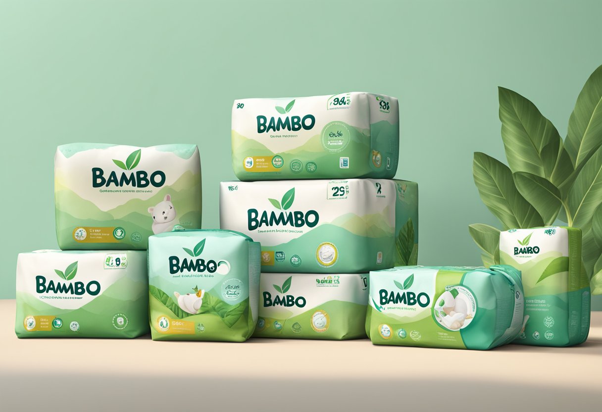 A stack of Bambo Nature diapers in various sizes and designs, surrounded by soothing greenery and a gentle breeze