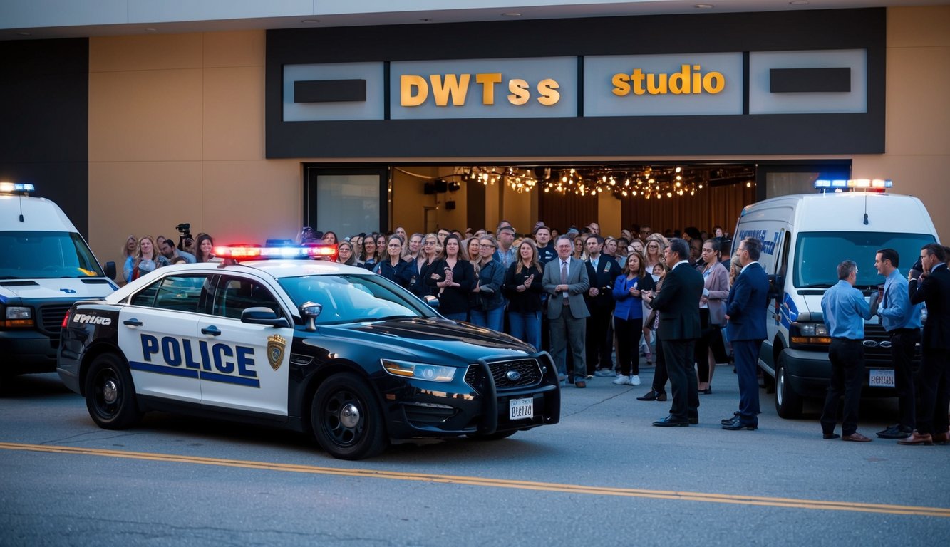 Police car outside DWTS studio, crowd gathered in shock. Media vans parked, reporters interviewing onlookers. Tension in the air