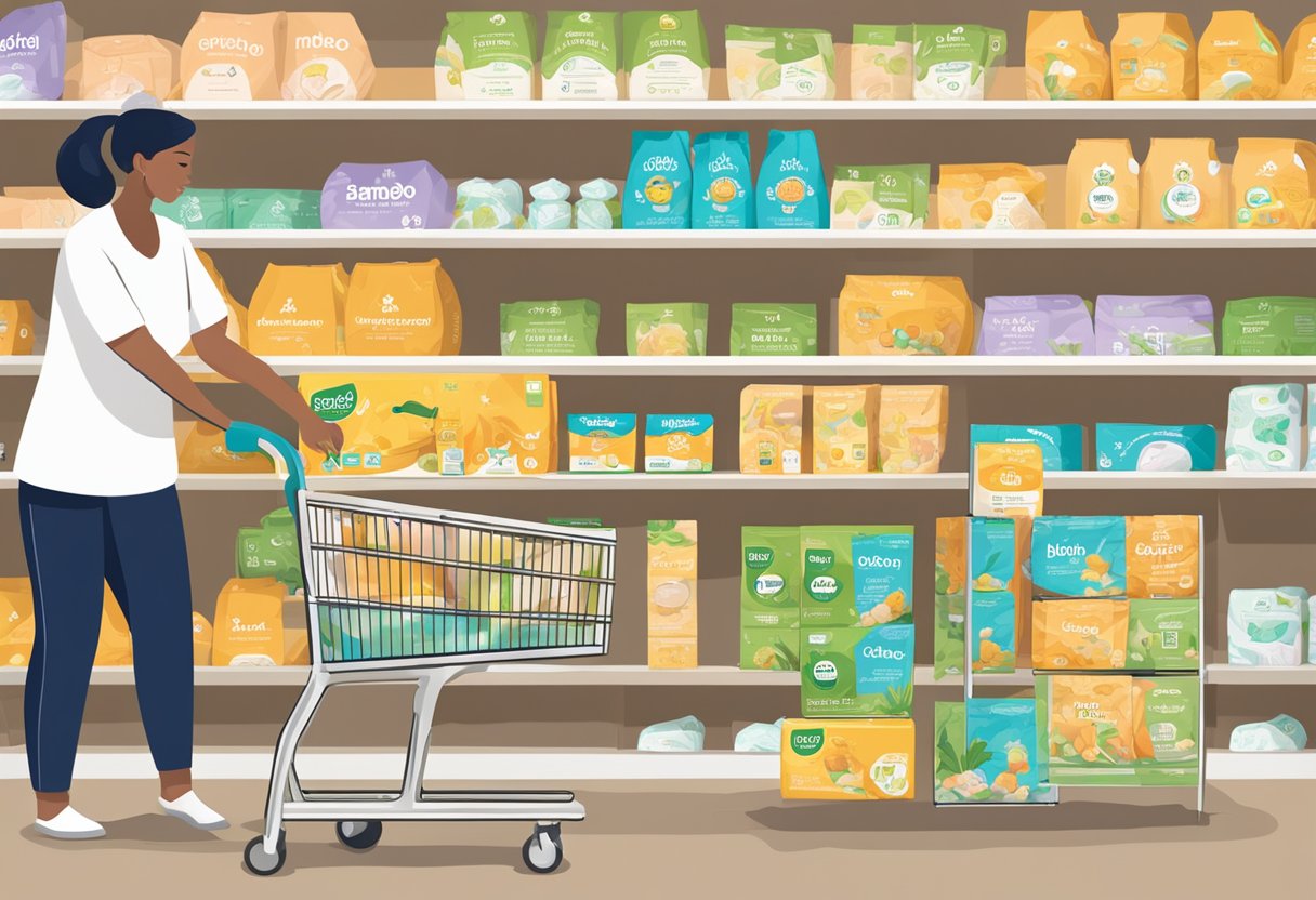 A parent placing a box of Bambo Nature diapers into a shopping cart, with a shelf displaying the various sizes and a sign indicating the eco-friendly and long-lasting qualities of the product