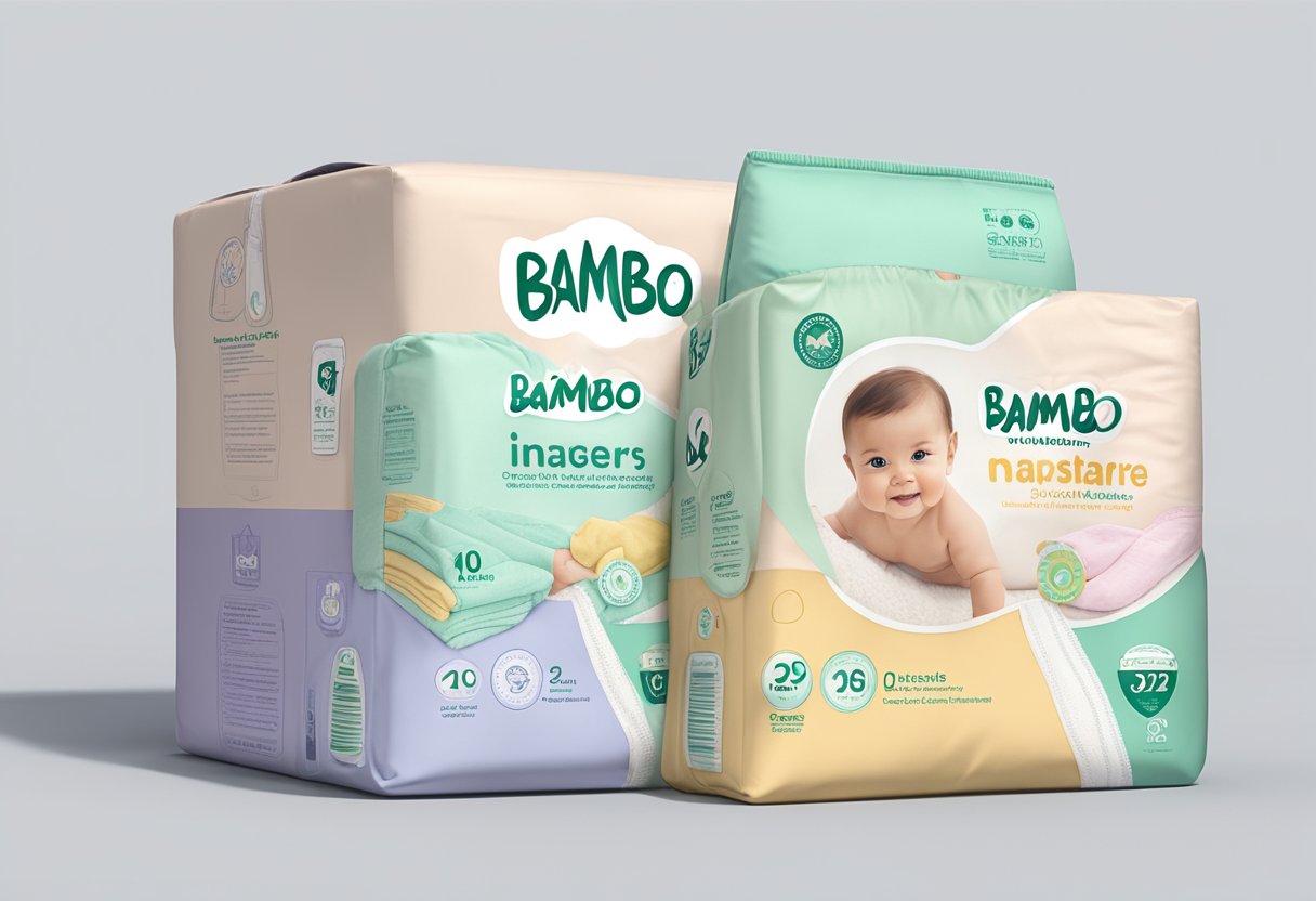 A stack of Bambo Nature diapers sits on a clean, white surface, surrounded by soft, pastel-colored packaging. The diapers are arranged neatly, with the brand logo prominently displayed