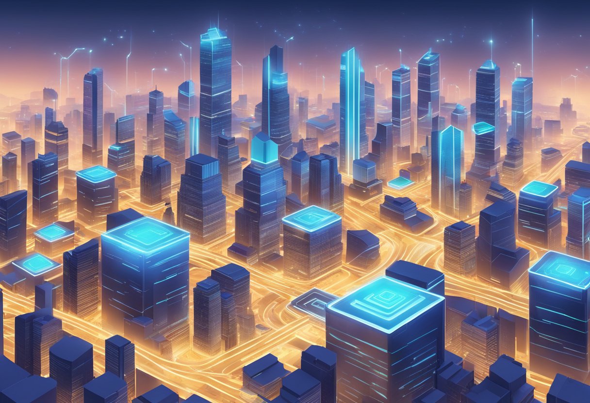 A futuristic cityscape with interconnected digital platforms, representing composable commerce and headless ecommerce technologies