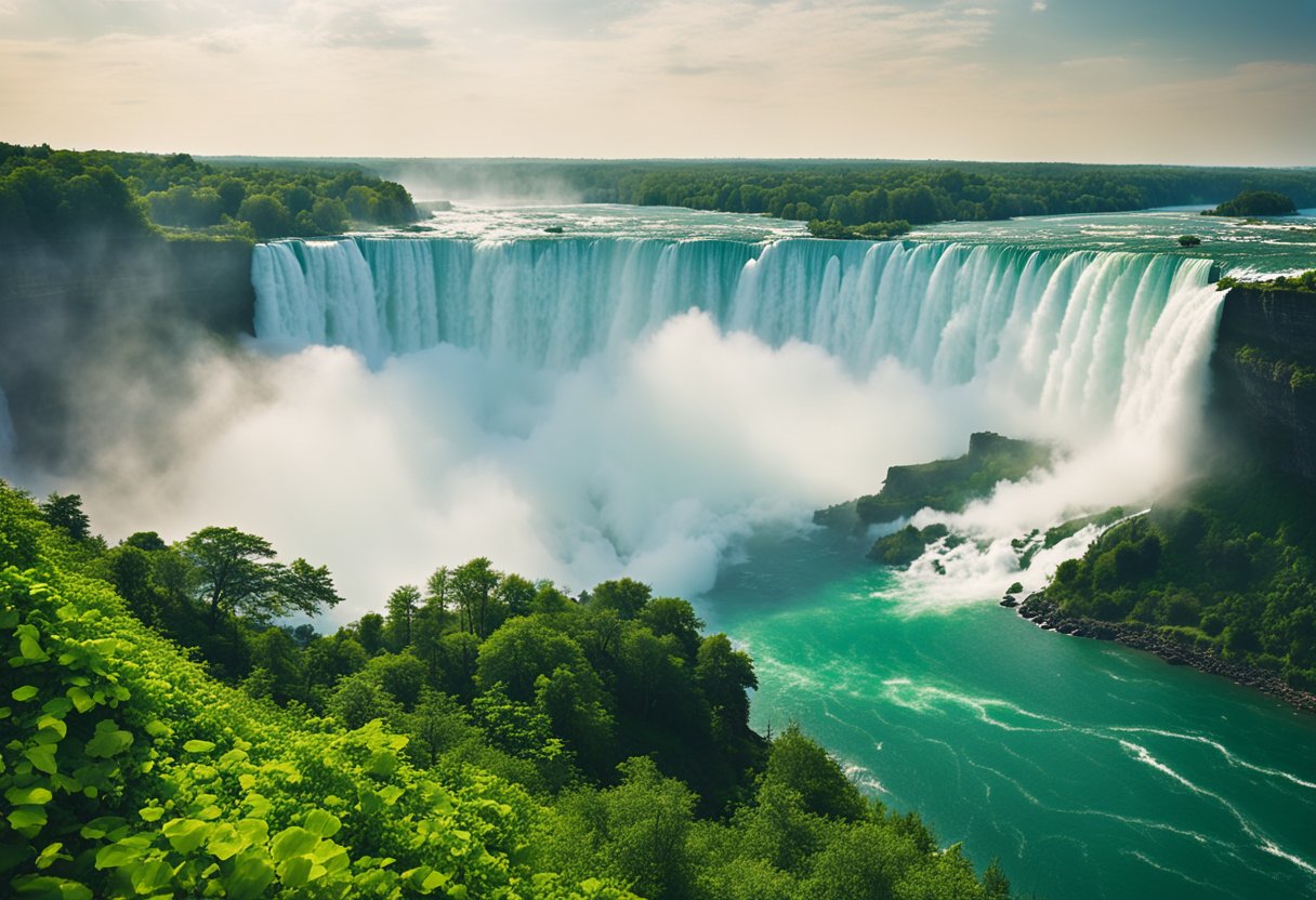 A breathtaking view of Niagara Falls from the Canadian side, with mist rising from the powerful cascading water and lush greenery surrounding the iconic natural wonder