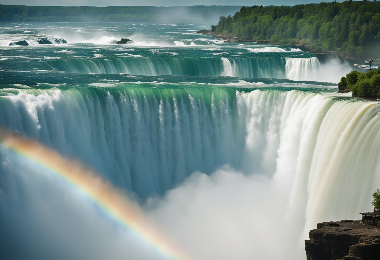 The iconic Niagara Falls cascades over the rocky cliffs, creating a mist that shrouds the surrounding area. Tourist boats navigate the turbulent waters at the base of the falls, while rainbows form in the mist