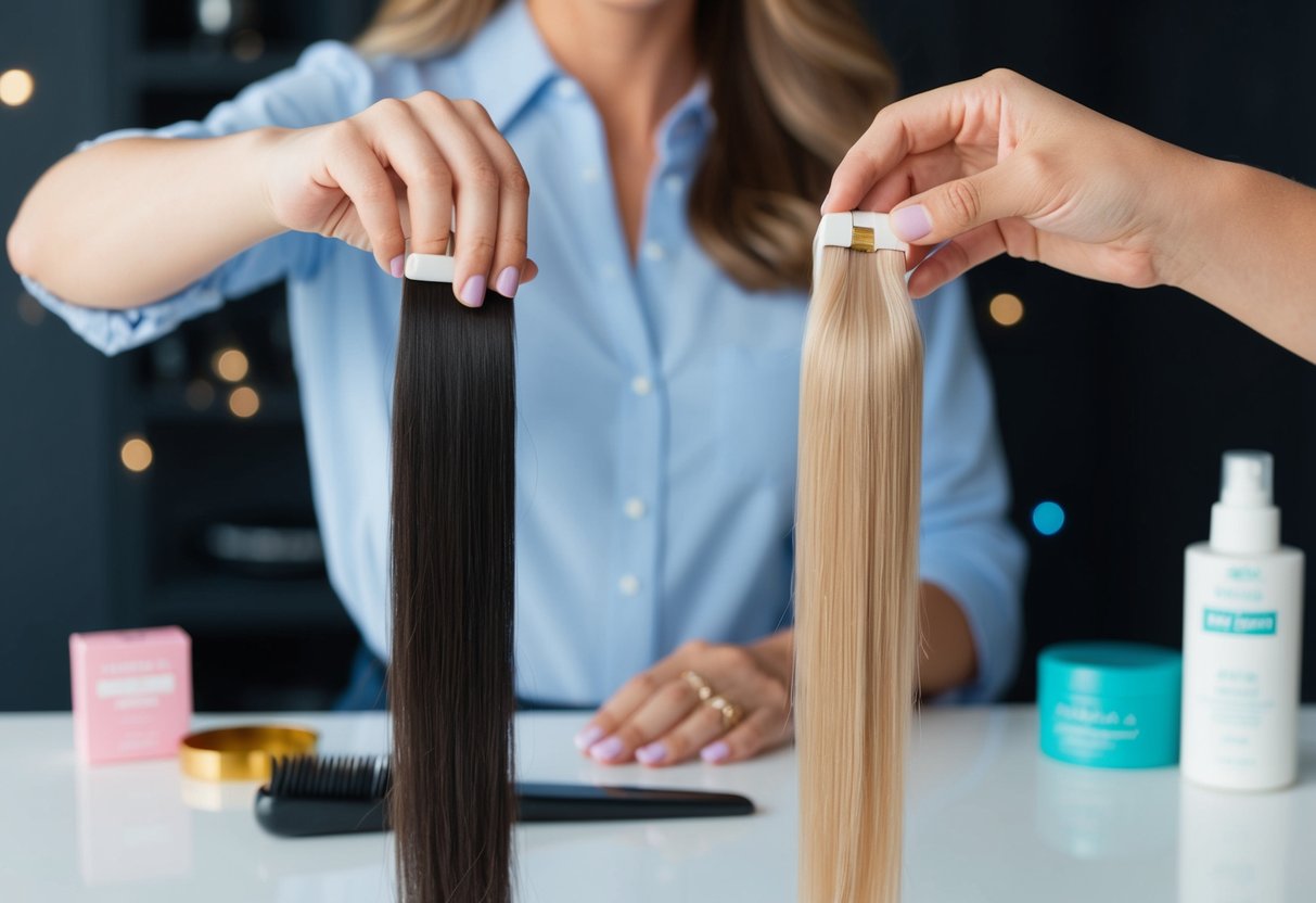 A woman's hand holding a tape-in and sew-in hair extension, comparing the two options. A table with hair care products and tools in the background