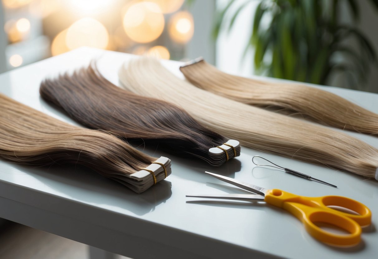 A table with various hair extension options laid out, including tape-in and sew-in extensions. A pair of scissors and a needle and thread are nearby, suggesting the decision-making process