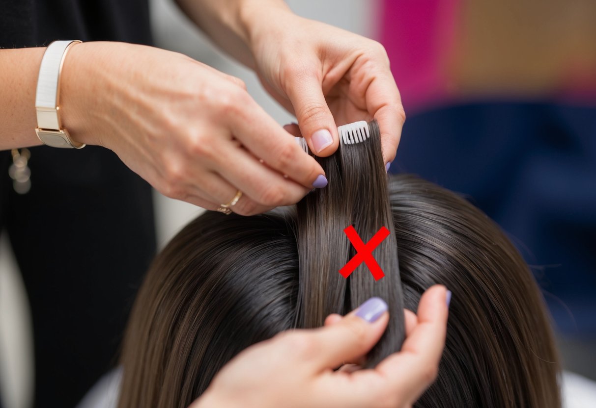 A close-up of hair extensions being applied, with a clear focus on the application area and a red "X" over inappropriate placement