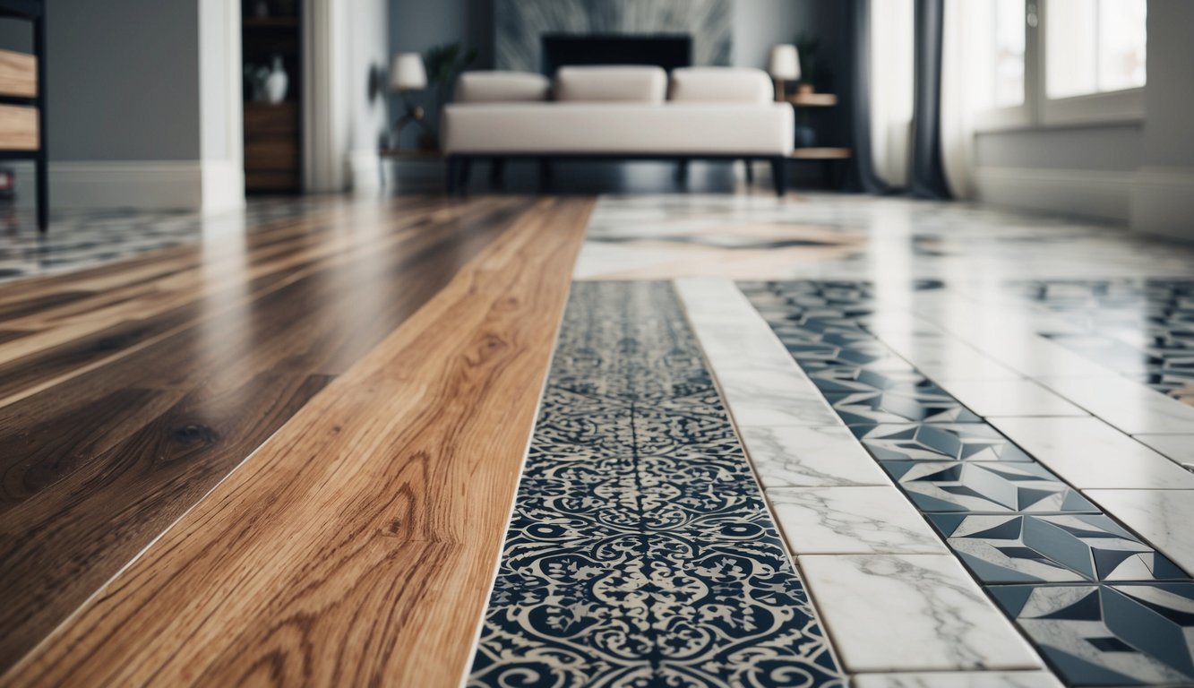 A room with a variety of flooring designs, including wood, tile, and marble, with intricate patterns and textures