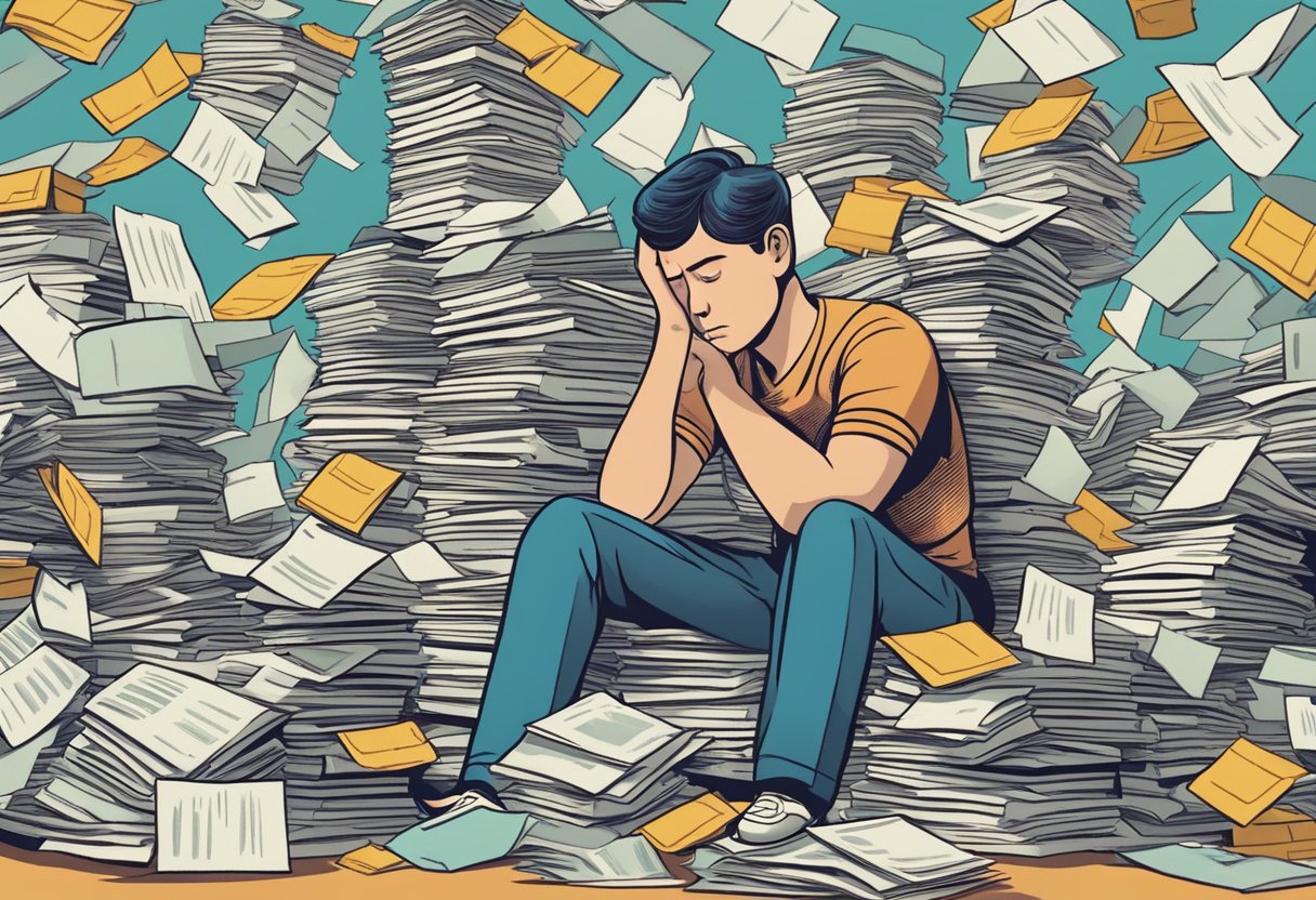 A person surrounded by stacks of bills and letters from debt collectors, looking stressed and overwhelmed