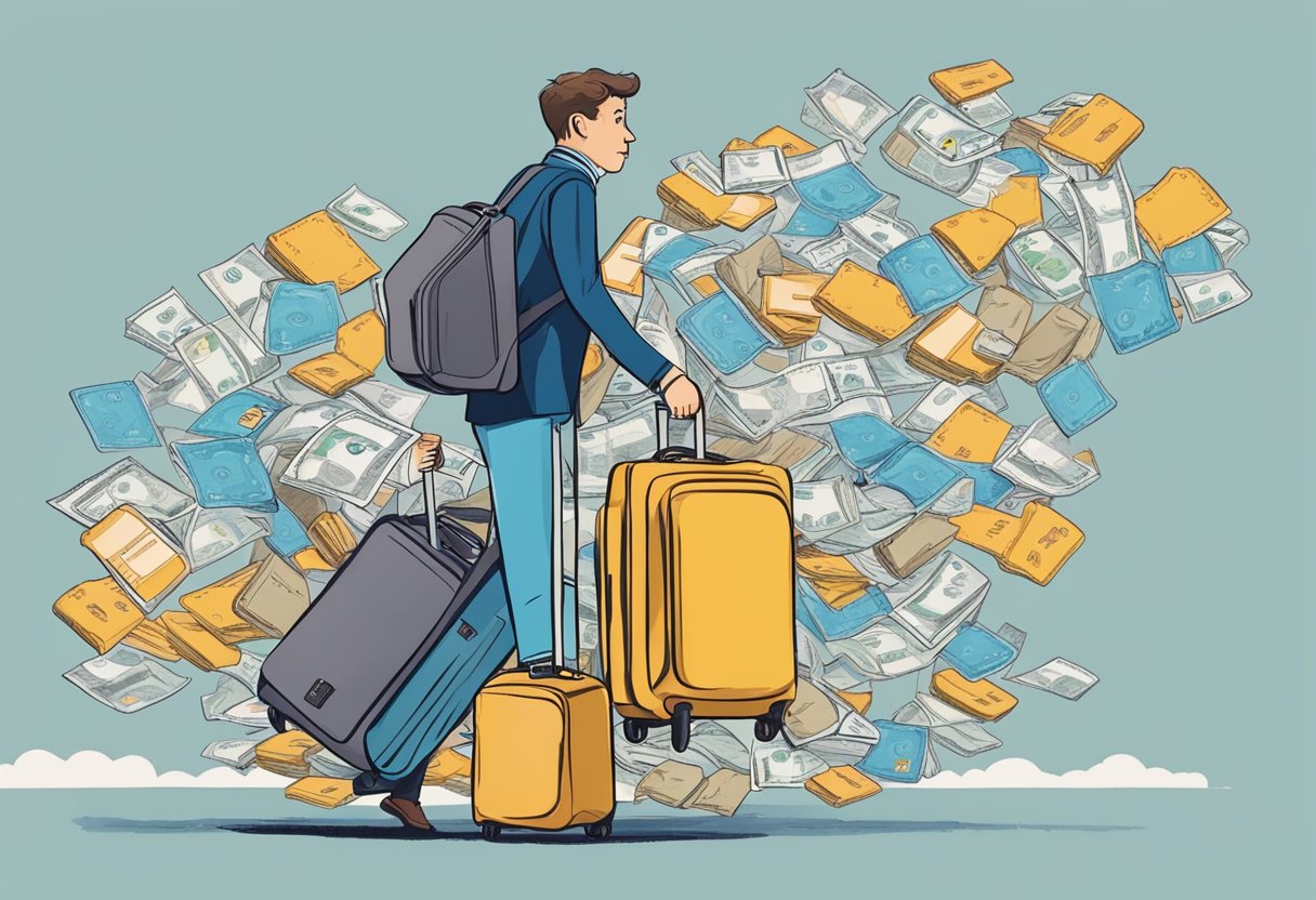 A person leaving the US with a suitcase and a worried expression. A trail of bills and credit cards left behind
