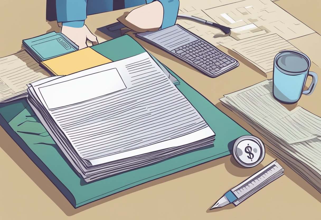 A hospital bill left unpaid in the USA. A stack of papers, a worried person, and a question mark symbolize the uncertainty of patients without coverage