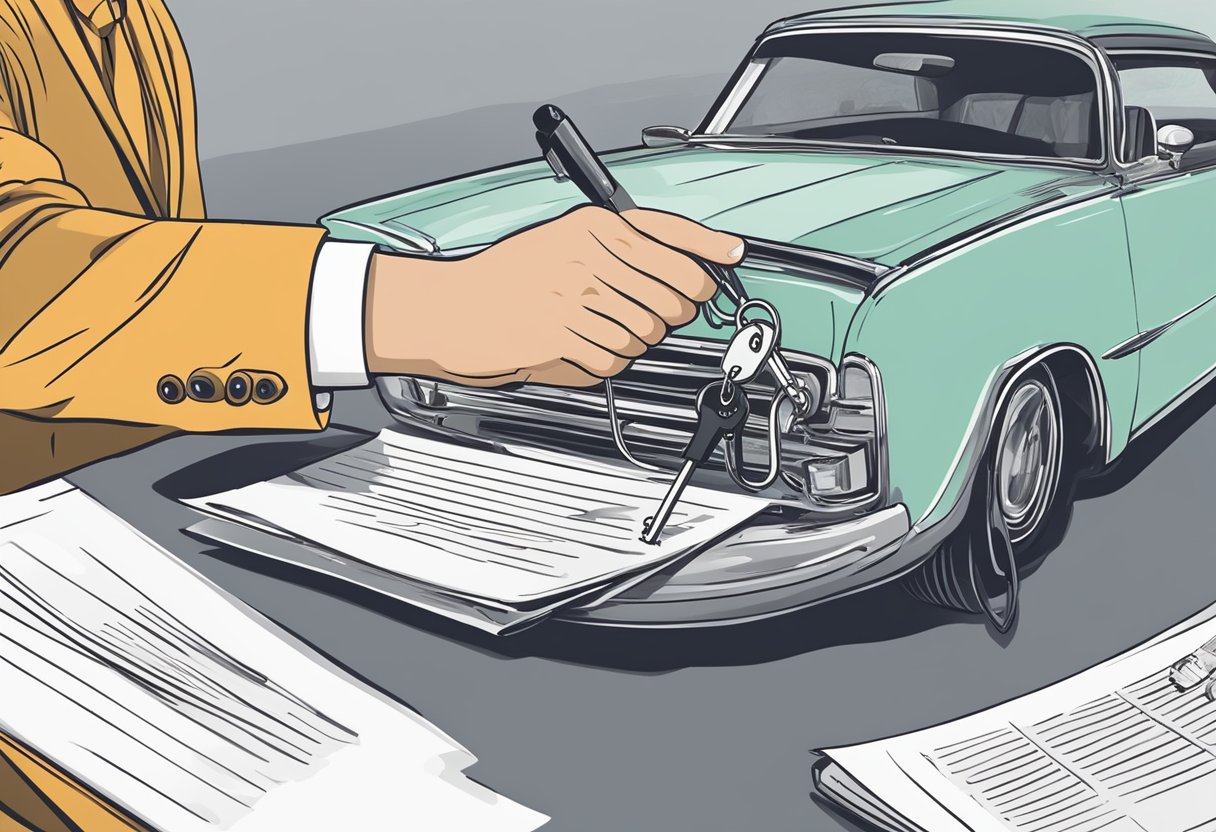 A legal document being signed and exchanged between two individuals, with a car title and keys also being transferred