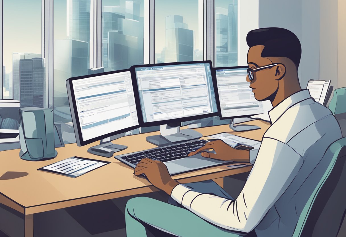 A person researching and comparing debt consolidation companies in the United States, with various interest rates and conditions displayed on a computer screen